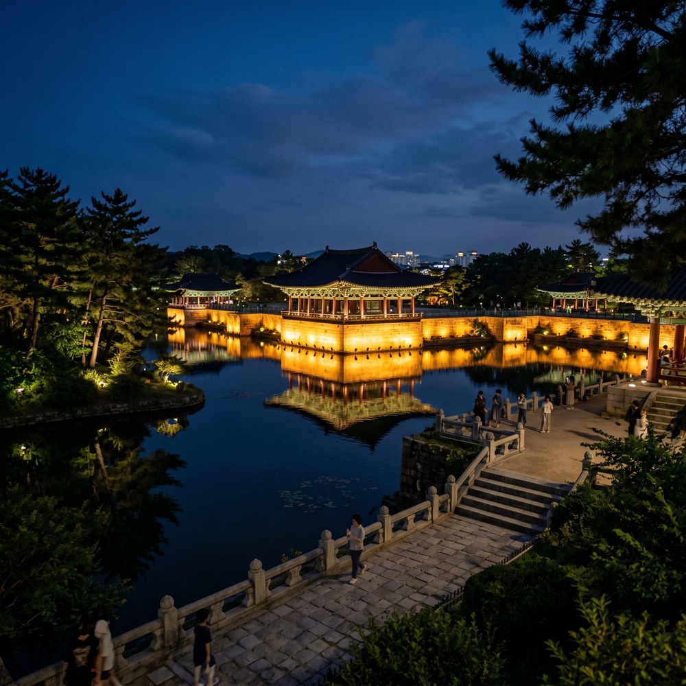 거울처럼 투영된 경주 안압지의 고전적인 누각들이 은은하고 환상적인 야경을 선사합니다.