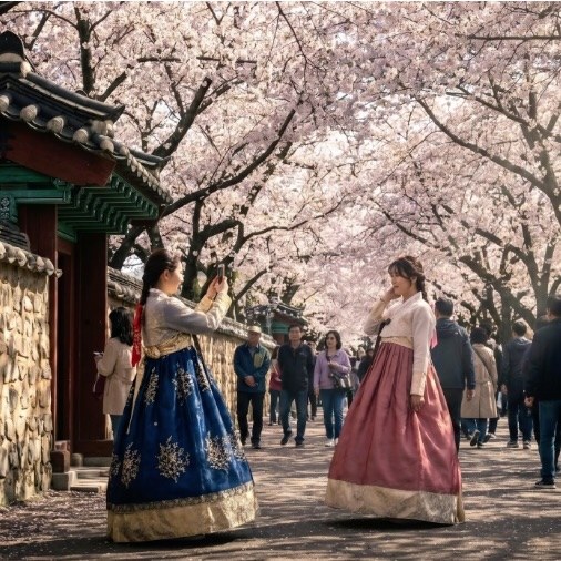 한복을 입고 600년 전 사람들이 거닐던 고궁의 길을 걸어 볼 수 있습니다.